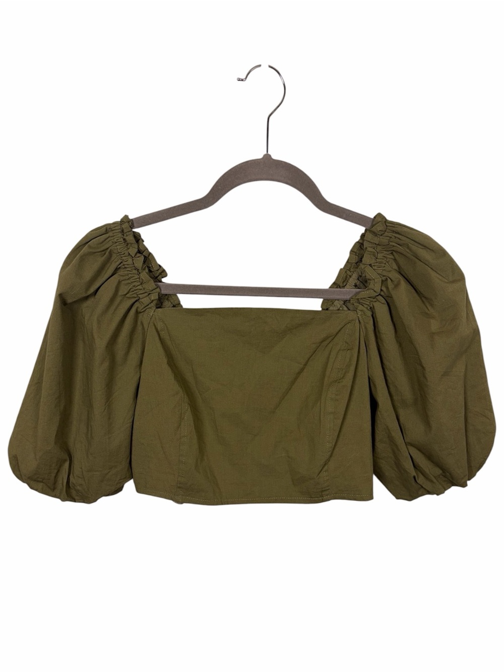 Jason Wu Olive Green Puff Sleeve Smocked Crop Top Size Small